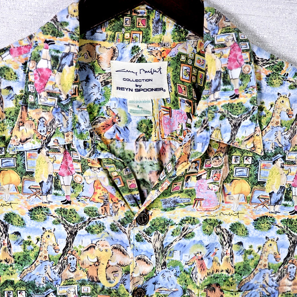 Reyn Spooner Guy Buffet Hawaiian Shirt Artists At The Zoo Size Large Vintage - Picture 2 of 9